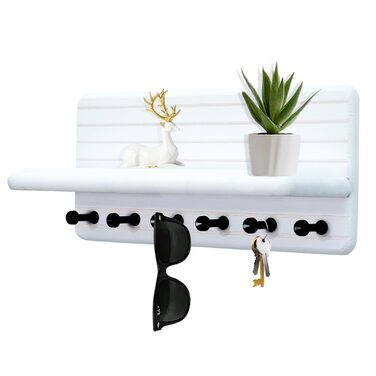 Дерев'яне ключниця з полицею та 6 гачками, ключниця на стіну для прихожого, коридору, кухні (білий)