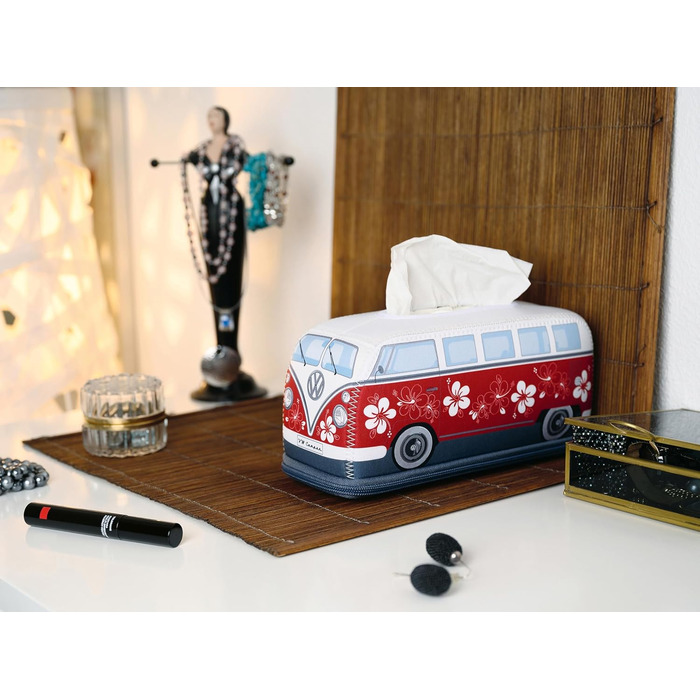 Тримач для серветок та паперових рушників BRISA VW Collection у дизайні Volkswagen T1 Bulli Bus, неопрен, червоний з гібіскусом, 24 см
