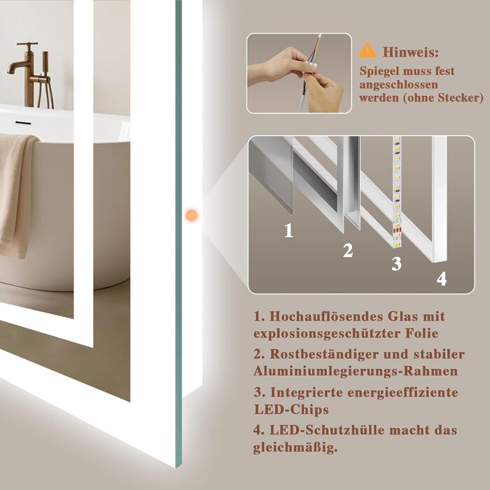 Дзеркало для ванної кімнати з підсвічуванням LED, антизапітніння, сенсорний вимикач, регулювання яскравості, 3 кольори світла, овальне, 50x70 см