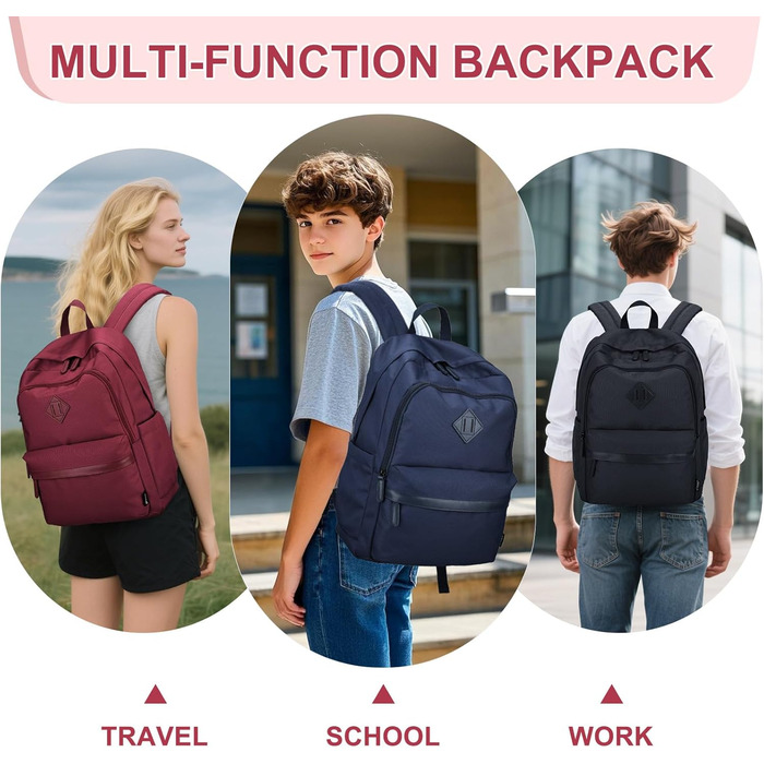 Рюкзак RAVUO для чоловіків та жінок, 15.6 дюймів, водонепроникний, для підлітків, для школи, подорожей, роботи, чорний, бордовий