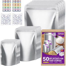 Mylar bags with oxygen absorbers for food, 43.5 x 71 cm, 25 x 35 cm, 1 Quart 15 x 22 cm, 8.6 Mil, Mylar bags with oxygen absorber 23000cc + Labels, vacuum sealer bags (50 pieces)
