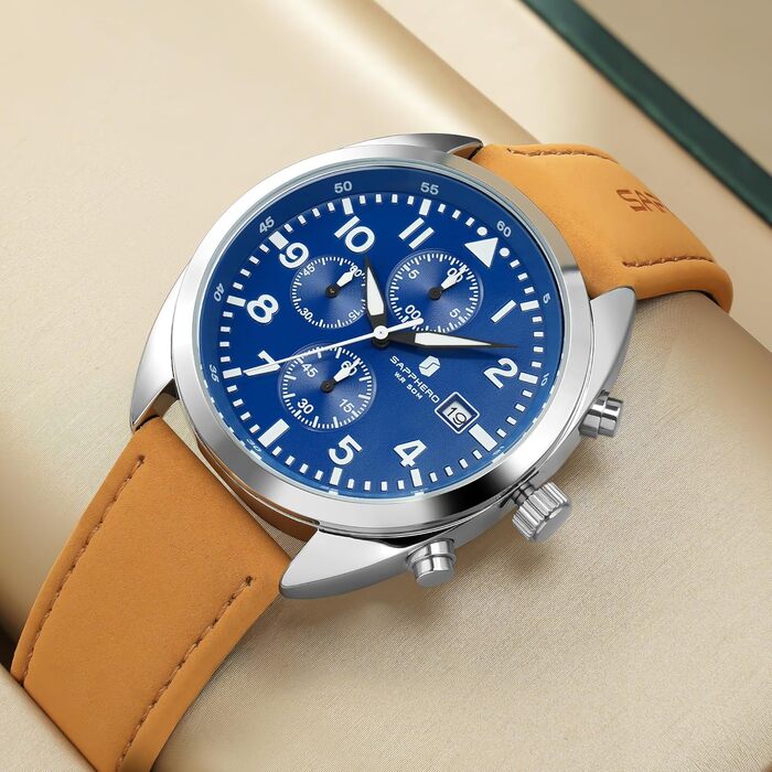 Годинник чоловічий SAPPHERO кварцові з шкіряним ремінцем. Класичний бізнес-годинник з хронографом, водостійкий (50 м), синій циферблат, арабські цифри.