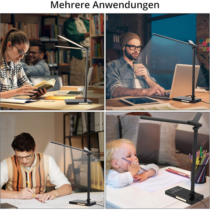 iVict LED лампа для столу з регульованими Swing Arms, 5 режимів, сенсорне керування, таймер, USB-порт, пам'ять, для дітей, білий колір