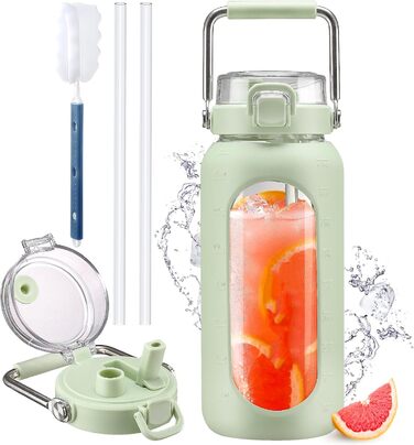 1900ml Glass Drinking Bottle with Straw and Stainless Steel Handle, Glass Water Bottle with Silicone Sleeve and Time Marker, Monitoring Your Daily Water Bottle 2 Liter, Light Green