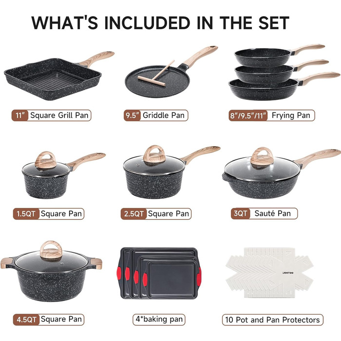 JEETEE 23-Piece Nonstick Granite Cookware Set - Induction Compatible, Pink Cookware Set for All Cooktops - Perfect Housewarming Gift