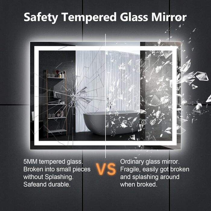 Дзеркало для ванної кімнати зі світлодіодним підсвічуванням 50x70 см, LED дзеркало з сенсорним вимикачем, дзеркало для ванної кімнати, настінне дзеркало для ванної кімнати, 80x60 см з 3-кольоровим регулюванням яскравості