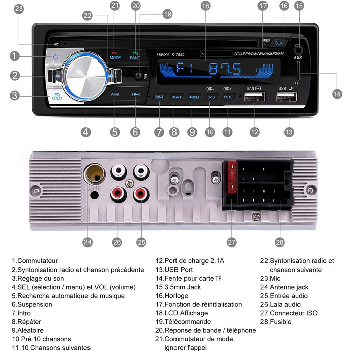 Автомобільна магнітола 1 DIN з Bluetooth та гучним зв'язком, 21.4 x 15 x 8.4 см