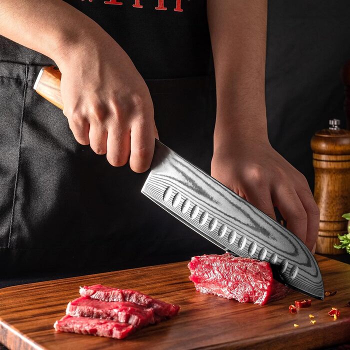 Ніж кухонний FUJUNI Santoku 18 см з лезом з дамаської сталі VG-10, ручка з оливкового дерева, подарункова коробка