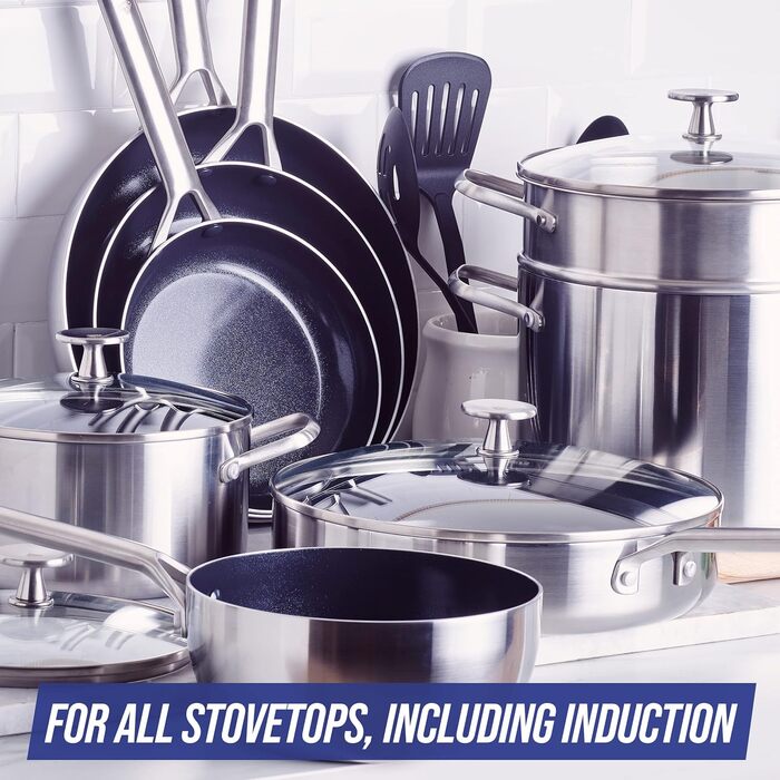 Набір посуду Blue Diamond Cookware 15 предметів: сковороди, каструлі з нержавіючої сталі з алмазним покриттям, антипригарні, індукційні, придатні для миття в посудомийній машині та духовці, без PFAS, багатошарові, срібні