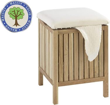 WENKO Badhocker Norway with Laundry Hamper, Storage Bench with Upholstered and Flip-Up Seat as Lid, Solid Walnut Wood, Oiled, Capacity 65 L, (W x H x D): 39 x 52 x 39 cm, Natural