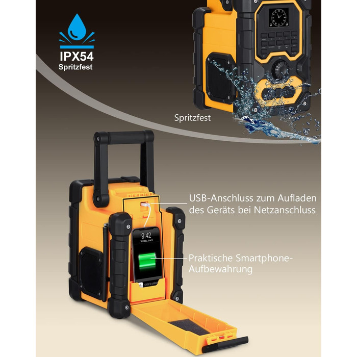 Радіо для будівельного майданчика DAB+ FM з Bluetooth 5.0, 16W стерео, акумулятор 8000mAh (18h), USB зарядка, Aux, вологозахист, пилозахист (жовто-чорне)