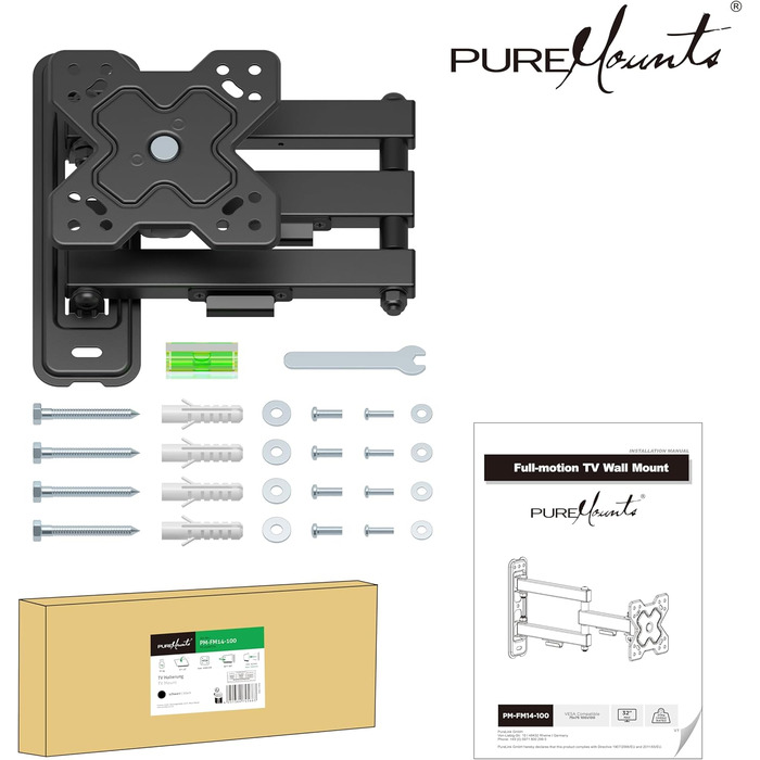 Кріплення для телевізора PureMounts - настінний кронштейн з регулюванням, чорний, VESA 200x200, для телевізорів та моніторів 13-32 дюймів, до 30 кг