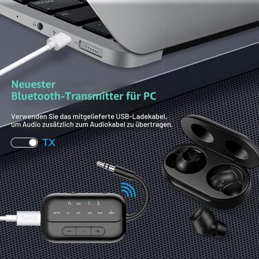 Bluetooth 5.4 адаптер 2-в-1 (передавач та приймач) Pro 2026, бездротовий аудіо-адаптер для ТБ, ПК, авто та Nintendo Switch, підтримка 2-х навушників, AUX, чорний