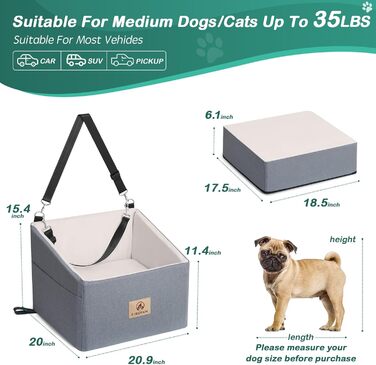 Автокрісло для собак, сіре, велике, з підняттям та кишенями для зберігання. Підходить для собак до 25 кг або 2 цуценят. Зручне для подорожей.