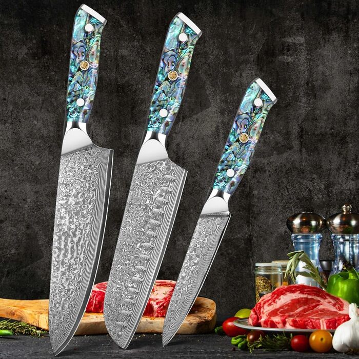 Набір кухонних ножів Damast Santoku 3 шт. з лезом 18 см (VG-10 сталь, ручка Abalone), подарункова коробка