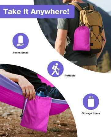 Гамак дорожній подвійний 295x140 см, рожево-ліловий, вантажопідйомність 350 кг - з карабінами та ременями для кріплення