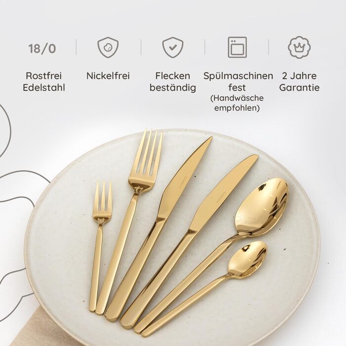 Набір столових приборів на 6 осіб, 36 предметів, нержавіюча сталь 18/0, золотистий, для ресторану та дому