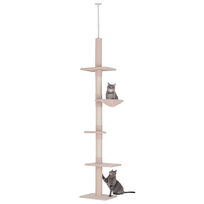 PawHut Cat Tree, Ceiling-High, H230-260 cm, Adjustable Height Climbing Tree for Cats, Stable, Beige | Aosom