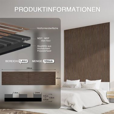 Акустична настінна панель з натурального шпона Темний дуб, 240x60x1.8 см (1.44 м²), дерев'яна панель для шумоізоляції вітальні, офісу та домашньої студії