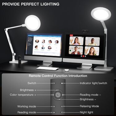 LED лампа настільна з денним світлом для відеоконференцій, офісна лампа з підставкою, регульована з 4 режимами кольору, 18W світло для відео, захищає очі, підходить для дому та офісу, матовий білий