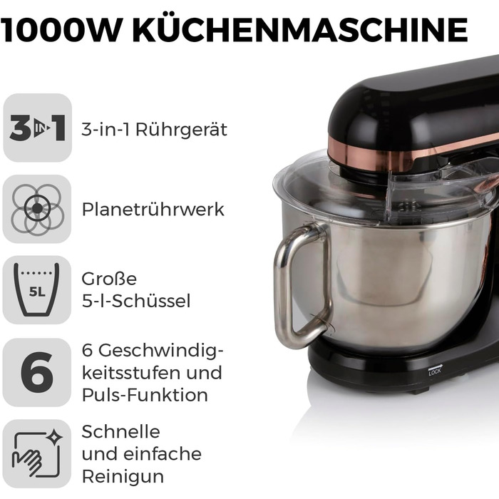 Tower 1000W 3-in-1 Stand Mixer with 6 Speed Settings & Pulse - Rose Gold
