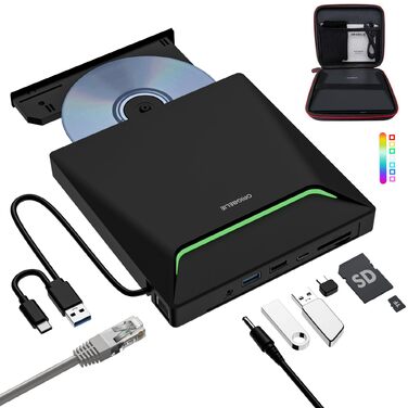 Зовнішній DVD-накопичувач ORIGBELIE з RJ45 Ethernet-адаптером та USB 3.0 хабом (3 USB, 2 TF/SD), зовнішній CD-записувач для ноутбука, MacBook, PC Windows, Linux, Mac OS, з сумкою для перенесення