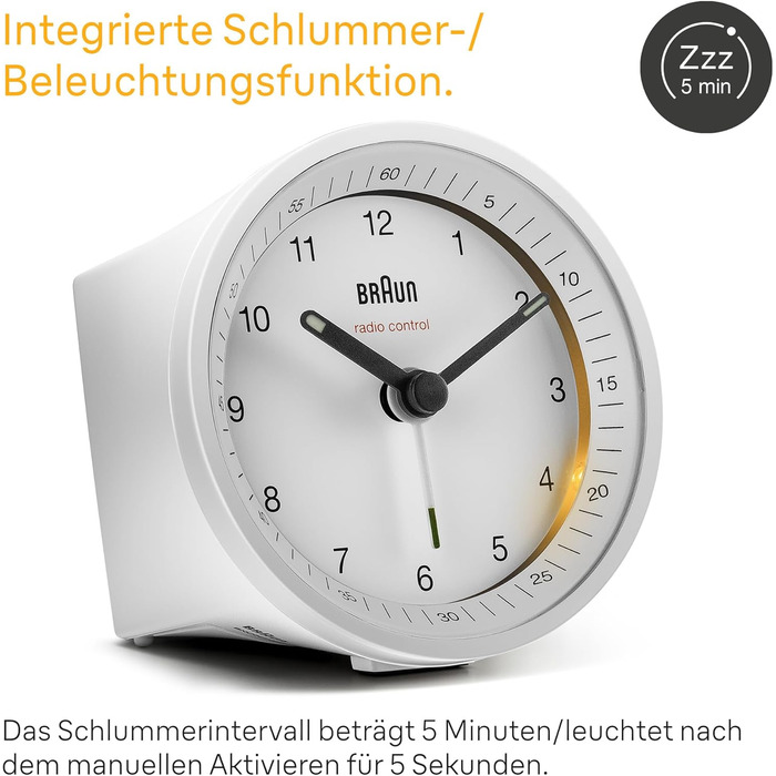Classic Braun analog radio alarm clock for Central European Time (CET/GMT+1) with snooze function and illumination, quiet movement, crescendo alarm in white, model BC07W-DCF