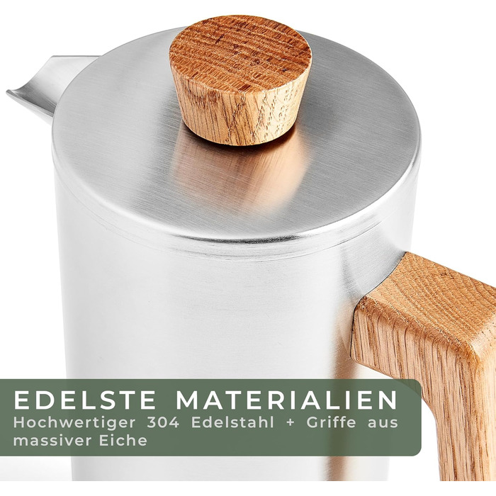 WALDWERK French Press (1L) - Coffee Maker made of double-walled stainless steel with an oak wood handle - plastic-free French Press 1L