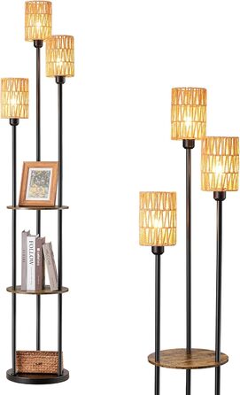 Стійка лампа EDISHINE для вітальні, вінтажна 3-лампова модель з полицею та абажуром з ротангу, 3 патрони E27, з лампочками, бохо-лампа з вимикачем на нозі для спальні та офісу, 178 см (Вінтажний коричневий)