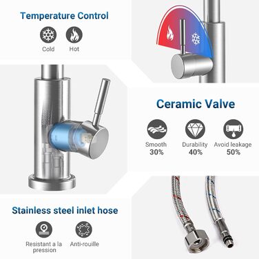 Кухонний змішувач Wasserhahn з висувною лійкою, поворотний на 360°, 2 функції, однорідний, для кухні (сріблястий)