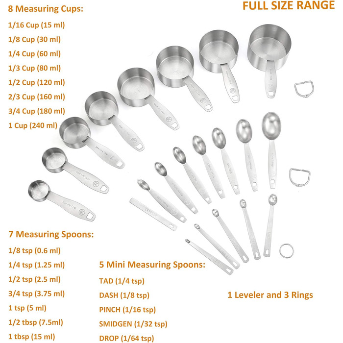 Measuring cup and spoon set, 21-piece, made of 18/8 stainless steel, durable, 8 measuring cups, 7 measuring spoons, 1 leveler & 5 mini measuring spoons, ideal for dry and liquid ingredients