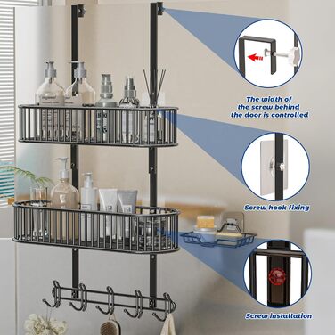 Настінна поличка для душу AIGOCITY без свердління, чорна, для скляних душових кабін, з 3 гачками, регульована висота, для шампуню та гелю для душу