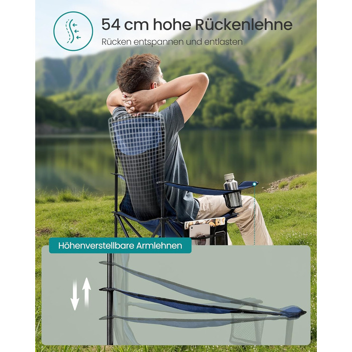 Набір кемпінгових стільців SONGMICS 2 шт., складані, для риболовлі, висока спинка, регульовані підлокітники, підсклянники, до 150 кг, блакитний