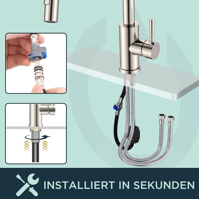 Змішувач кухонний FORIOUS чорного кольору з висувною лійкою, поворотний на 360°, нержавіюча сталь