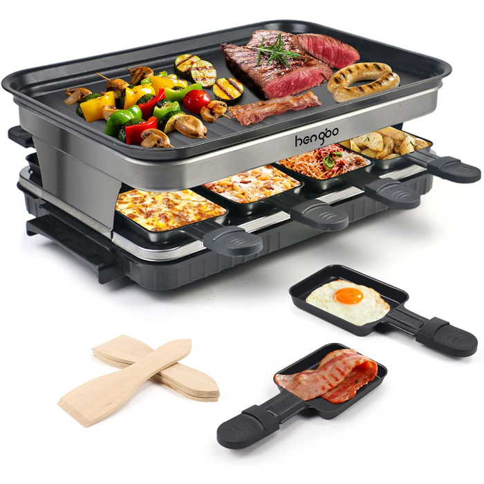 Raclette Grill for 8 People, Grill Plate with Non-Stick Coating, Raclette with 8 Mini Raclette Pans & 4 Wooden Spatulas, Continuously Adjustable Temperature, 1500W, Stainless Steel