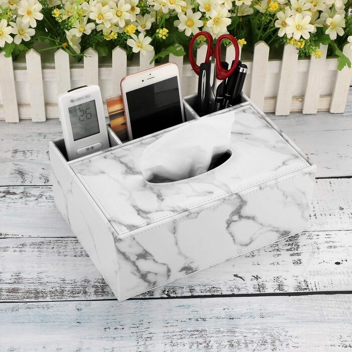 BSTKEY Tissue Box Rectangular Faux Leather Tissue Box with Remote Control (White Marble)