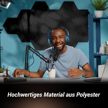 Акустичні гексагональні панелі TONOR самоклеючі, звукопоглинаючі шестикутні плитки для шумоізоляції стін (48 шт, чорні), 30x26x1 см для студії, офісу та геймерської зони