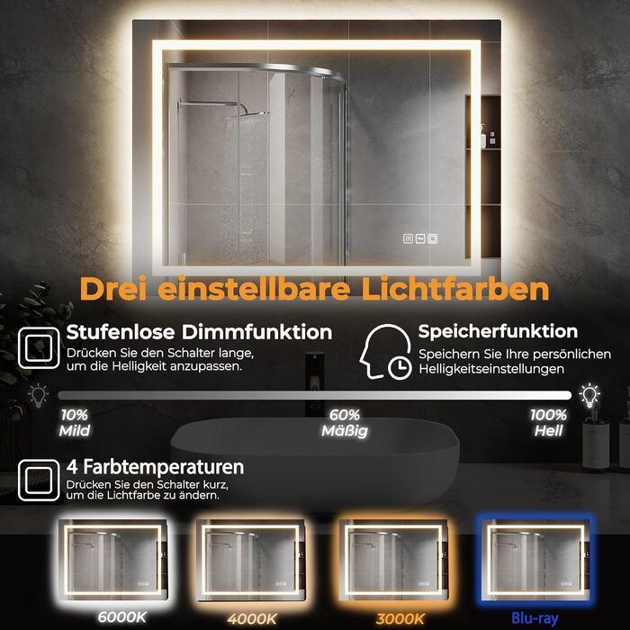 Дзеркало для ванної кімнати SVNR з підсвічуванням, 40x60 см, LED, алюмінієва рама, захисне скло, IP44, сенсорне керування