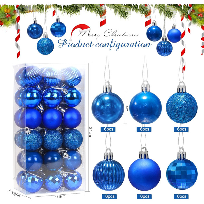 Набір ялинкових прикрас 36 шт, кульки для ялинки з пластику 4 см, блакитні