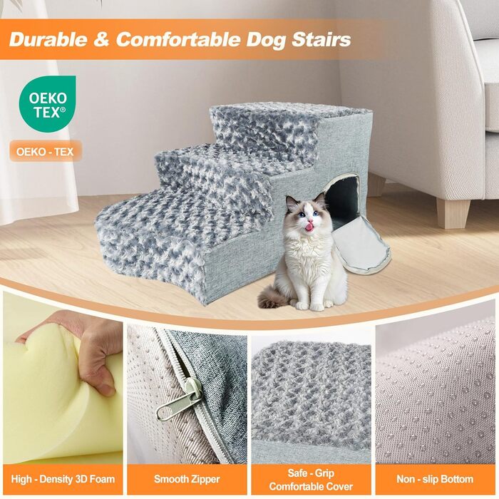 Сходинки для собак 3-ступеневі з будиночком для котів та пандусом для собак. Неслизькі сходи з високощільну піну для маленьких/середніх собак, легко чистяться