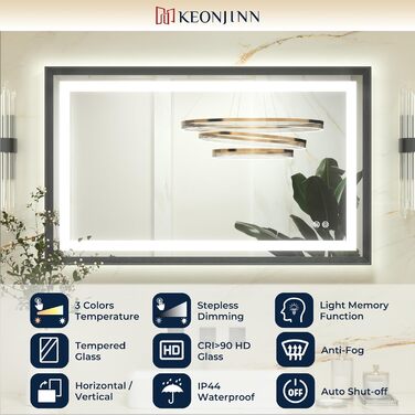 Дзеркало для ванної кімнати Keonjinn з підсвічуванням, чорний металевий каркас 60x80 см, антизапітніння, LED, сенсорне управління, 3 кольори світла, регулювання яскравості, функція пам'яті, настінне дзеркало