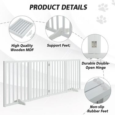 Захисне загородження для собак, дерев'яне, без свердління, 4 панелі, біле, 183x60 см