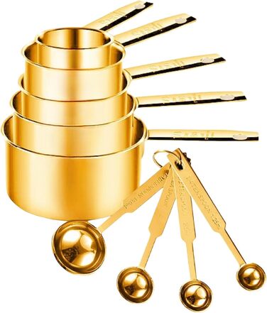 StellarHorizon Measuring Cups and Spoons, 9-Piece Set, Stainless Steel Handles with Metric and US Measurements, Gold-Polished Finish, for Dry and Liquid Ingredients, Measuring Cups for Cooking and Baking