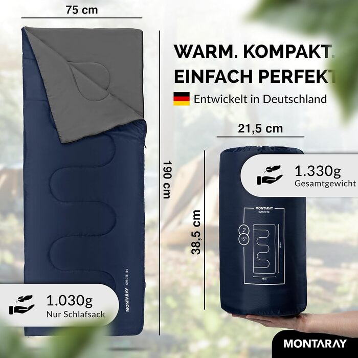 Montaray® Hooded Sleeping Bag -3°C - Outdoor Winter & Summer Sleeping Bag for Men & Women - 3-4 Season Hut Sleeping Bag (75 x 220 cm) - Blue, 150GSM