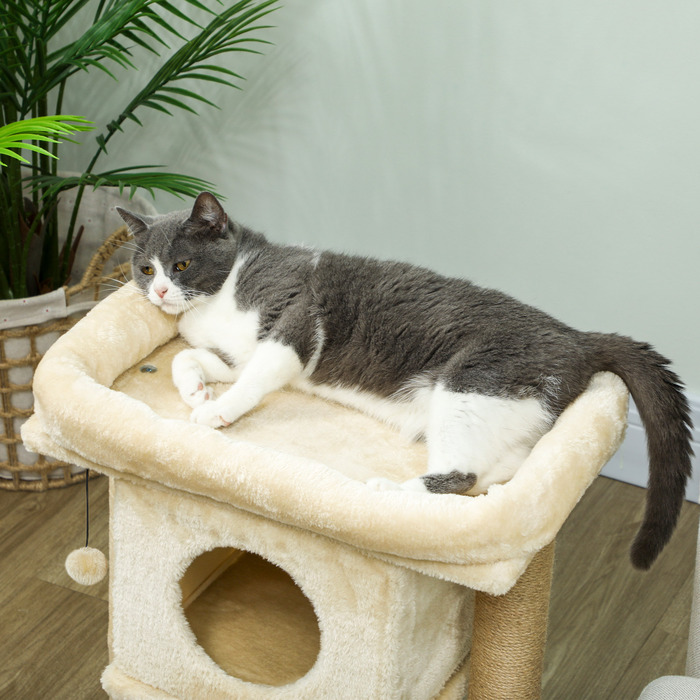 PawHut Cat Tree with Jute Scratching Mat, Lounging Platform, Play Ball, Cat House, Beige, 40 x 40 x 57 cm