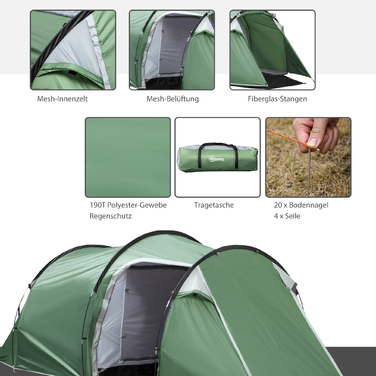Outsunny Tunnel Tent for 2-3 People, 190T Camping Tent with Stakes, Fiberglass & Polyester, Dark Green, 426x206x154cm for Outdoor Adventures