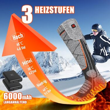 Гріючі шкарпетки з акумулятором 6000mAh, електричні гріючі шкарпетки для жінок та чоловіків, 3 режими нагріву, для зимових видів спорту на відкритому повітрі, помаранчевий + сірий