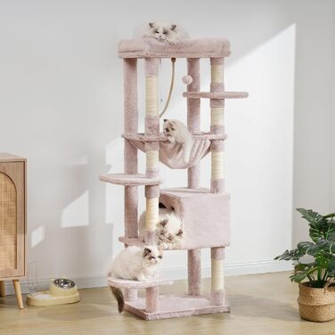 Дерев'яний будиночок для котів Heybly Kratzbaum з лежаком та печерею, 50x50x153 см, коричнево-бежевий, HCT050MU
