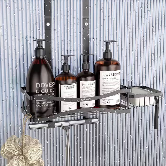 Uuliyer Shower Shelf for Hanging with Soap Holder, Shower Shelf No Drill for Bathroom Door, Shampoo Shower Gel Holder for Shower, Black (Style B)