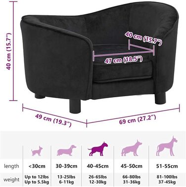 Софа для собак VidaXL, чорна, 69x49x40 см, м'яке ліжко для собак та котів